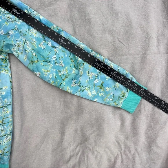 Immersive Van Gogh Cherry Blossom Turquoise Satin Floral Bomber Jacket NWOT - Picture 7 of 8